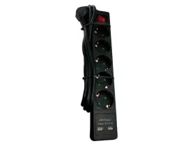Naponski produžni Kabl E-Green 5 x šuko + 2xUSB sa prekidacem i zaštitom, 2m, crni