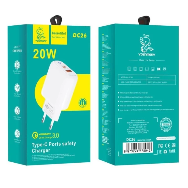 Kućni punjač Denmen DC26 fast 20W USB-A + Type C slika 1