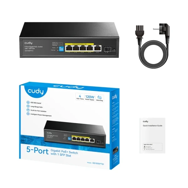 Svič 10/100/1000 5-port Cudy GS1005PTS1 4xPoE+ sa 1 SFP port/120W slika 1