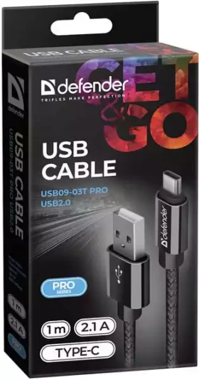 USB type-c kalb Defender USB08-03T USB 20.0 Black 1m 2.1A