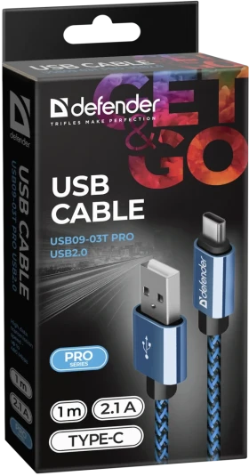 USB type-c kalb Defender USB08-03T USB 2.0 Blue 1m 2.1A
